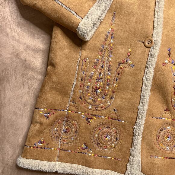 Vintage 90s Bacci Floral Embroidered Penny Lane Coat Faux Suede Sherpa Collar - Picture 9 of 11